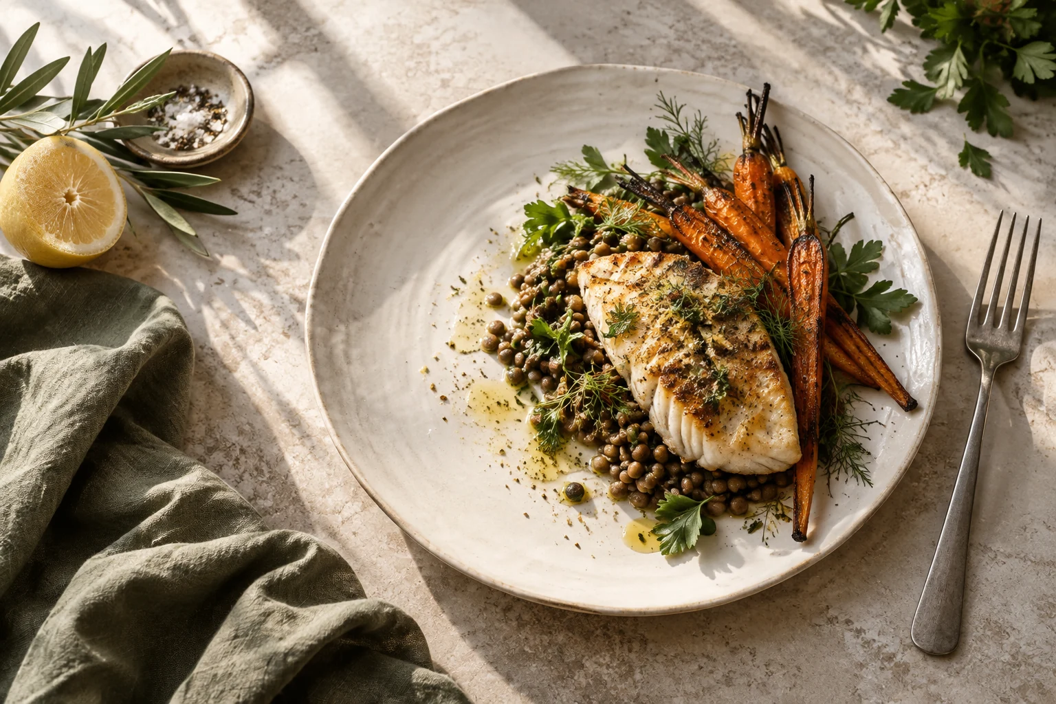 Grilled fish, lentils and roasted carrots on handmade ceramic with sage linen