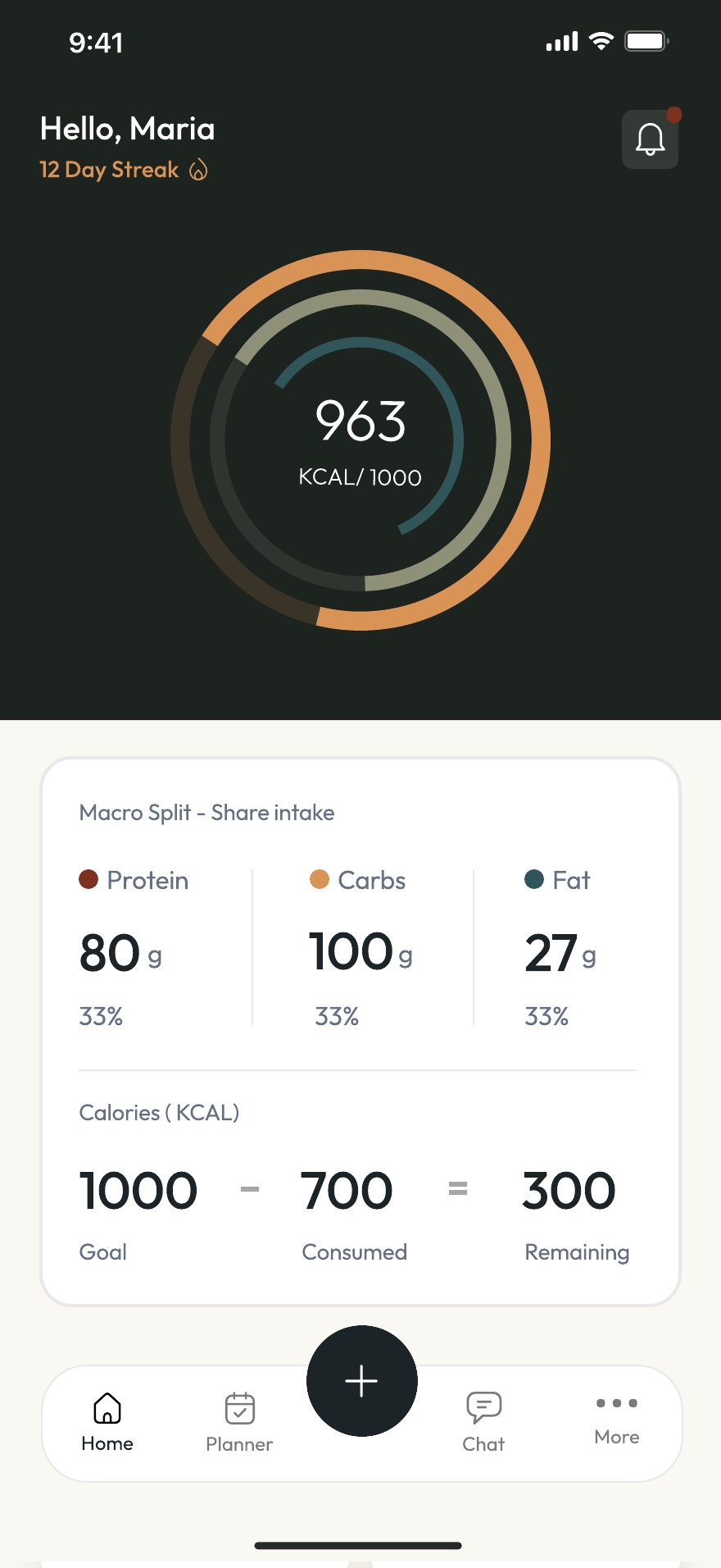 Nutryx home screen showing daily nutrition, meals and exercise