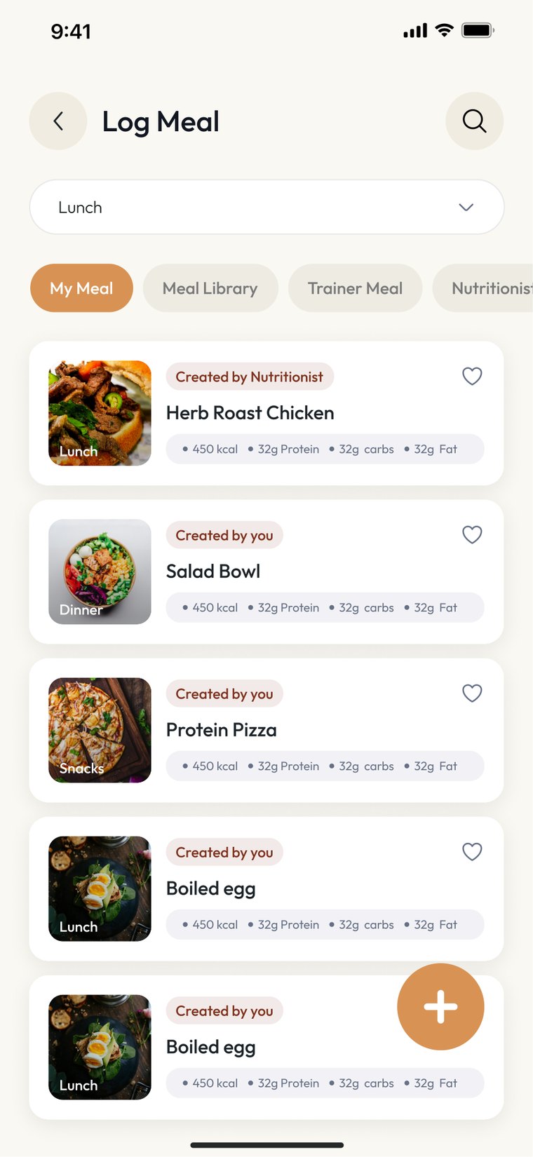 Nutryx meal logging screen with meals and nutritional information