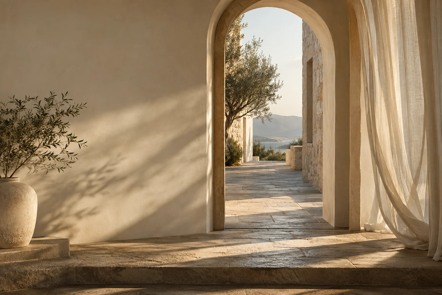 A sunlit arched doorway, sheer linen and limestone steps opening into a quiet passage