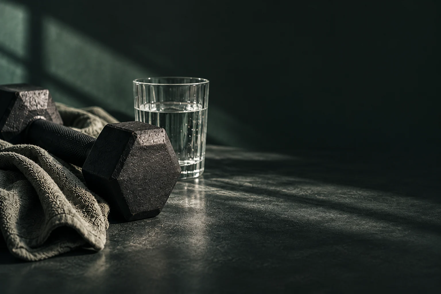 A matte dumbbell, linen towel and glass of water in soft directional light